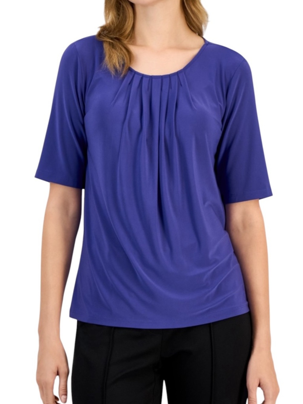 Kasper Pleat Neck Knit Top Regal Purple Crewneck Short Sleeve NEW Large